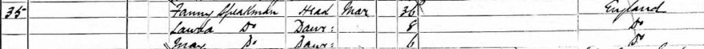 Frances May Speakman on the 1881 census as a six-year-old with her mother and sister.