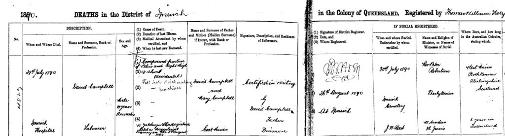 David Campbell junior's death certificate