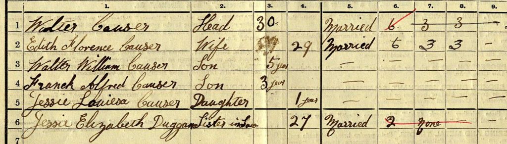 Jessie Coker, now Duggan, on 1911 census