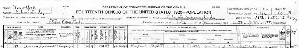 The 1920 census shows Gertrude Duncan at Ellis Hospital