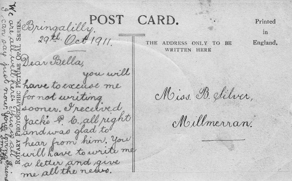 Postcard from G.Smith of Bringalilly, near Millmerran, dated 9 October 1911.