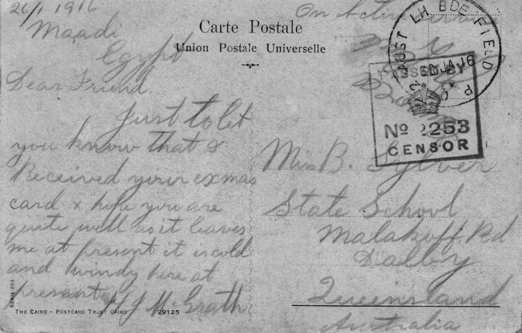 1916 postcard H. McGrath sent from Egypt.