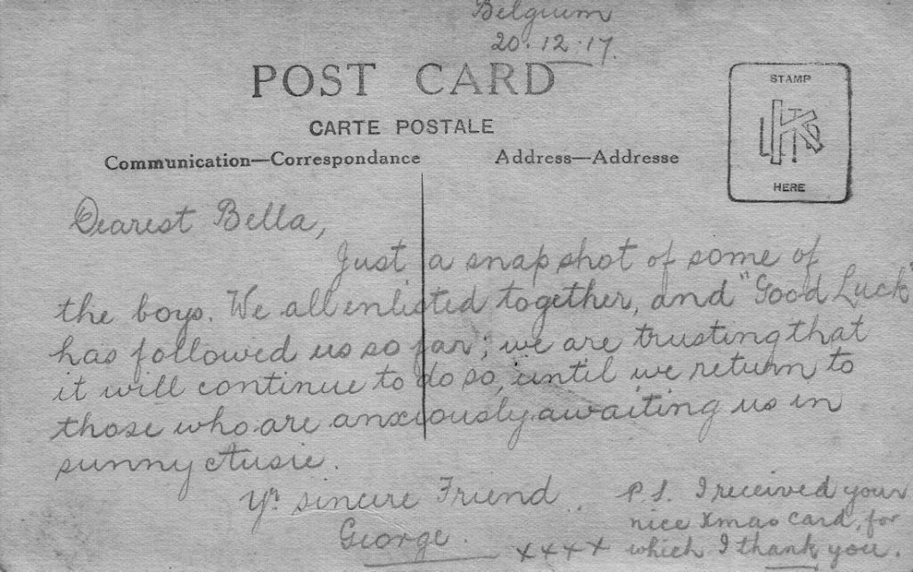 December 1917 postcard that George Smith sent from Belgium.