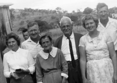 John Alex Dobbs Coker (Alex Dobbs), his wife Margaret Isabella Silver (Bella Dobbs) and their children at Alex's mother's 90th birthday party at Kabra in June 1966. From left (excluding parents) are Mavis, Raymond, June and Jim.