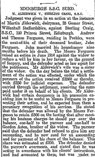 Newspaper report of disputed will case.