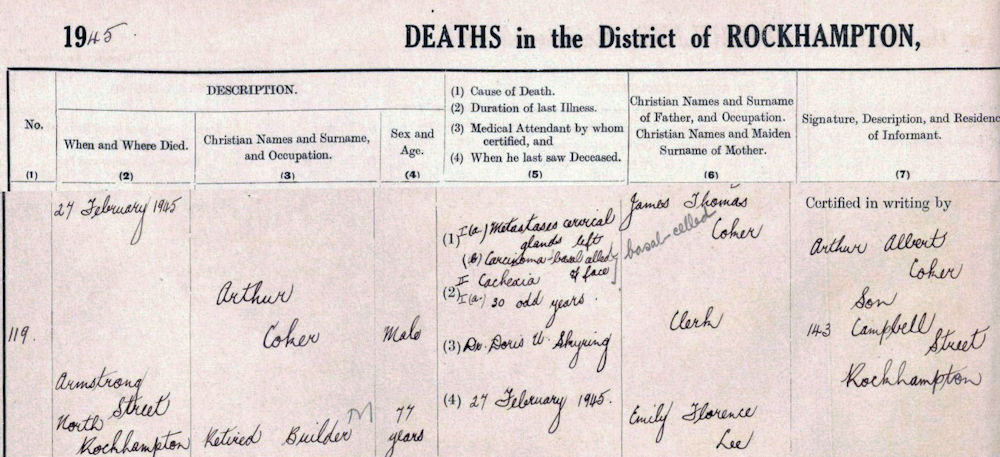 Arthur Coker death certificate